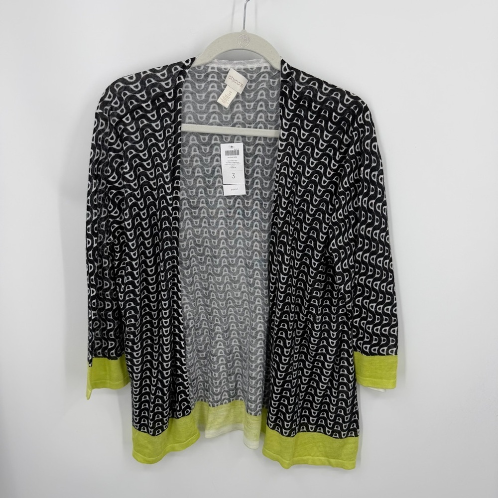 Chico's geometric 3/4 sleeve Monroe cardigan black white neon‎ yellow sz 3 XL
